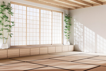 Japanese minimalist empty room interior with shoji sliding window and soft sunlight on tatami floor modern wooden zen design, 3D render