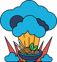 A bowl of food with a cloud in the background