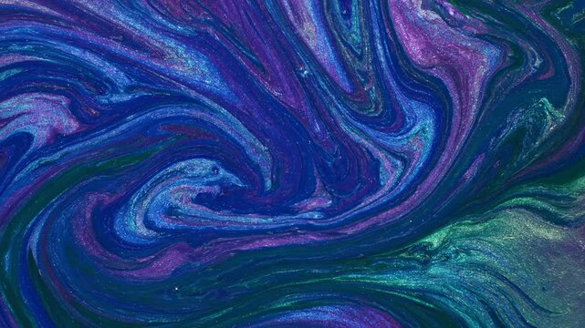 Abstract blue fractal background featuring colorful wave swirls and a heart pattern design with surreal light textures and fluid motion curves