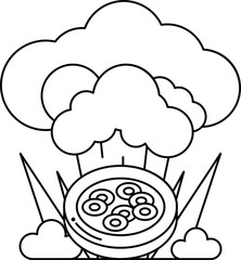 A white and black drawing of a pot of food with a cloud of smoke coming out