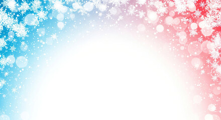 White snowflakes and bokeh lights frame a blue and pink gradient background. A colorful and abstract design with a blank center for New Year's celebrations.