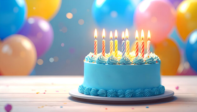 Bright blue birthday cake with lighted candles and colorful sprinkles Festive background for party and celebration.