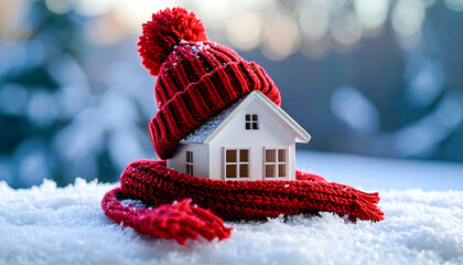 Small miniature house wrapped in a red knitted hat and scarf on fresh snow. Concept of energy saving, home insulation, winter protection, and real estate.