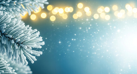 A macro shot of a frosted pine branch with warm yellow Christmas lights creating a bokeh effect in the background. A magical and cold winter composition with a text area.