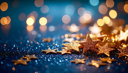 Golden stars and glitter sparkling on a blue background with soft bokeh lights. Luxury festive banner for Christmas, New Year, or product promotion.