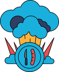 A black and white drawing of a cloud with a knife and a hot dog on top of it