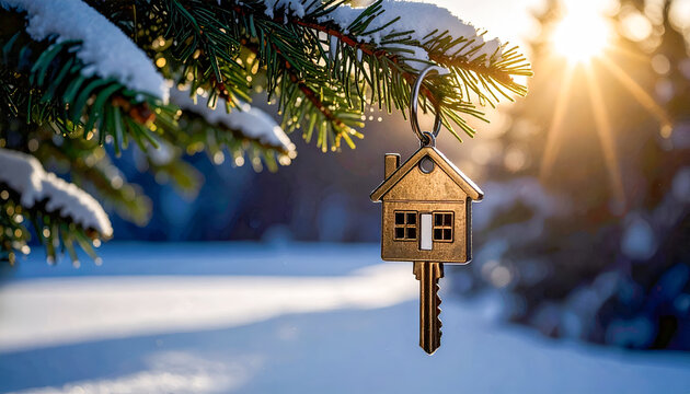 Small wooden house ornament with a key hanging from a snowy pine branch against a warm, sunlit bokeh background. Concept of Christmas real estate, new home, and winter savings.