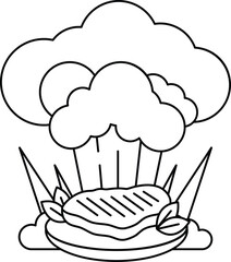 A black and white drawing of a burger with a cloud of smoke coming out of it