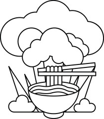 A drawing of a bowl of noodles with chopsticks and a cloud in the background