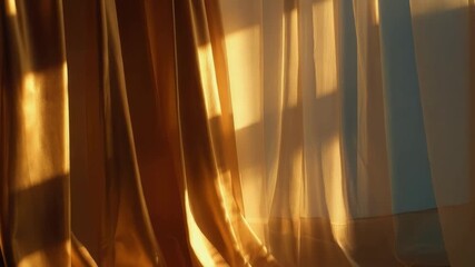 Golden satin curtains lit by warm sunlight, draped across a stage or window. - Powered by Adobe