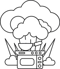 A cartoon of a chef cooking food in a kitchen with a cloud in the background