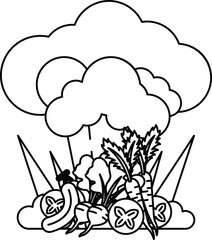 A white and black drawing of a cloud with vegetables on it