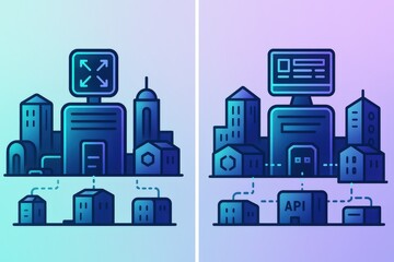 Futuristic urban landscape with interconnected buildings displaying API integration and smart technology demonstrating innovation and connectivity in modern cities