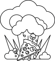 A black and white drawing of a pizza with a cloud of smoke and a mushroom on top