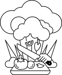 A cartoon of a chef holding a knife and cutting a tree