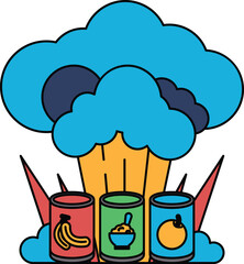 A black and white drawing of three cans of food, including a can of bananas