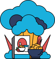 A white and black drawing of a tree with a box of cereal and a bowl of ice cream