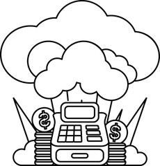 A cartoon of a robot with a calculator and a pile of money