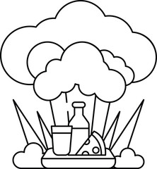 A cartoon of a cloud with a bottle of milk, a cup, and a slice of cheese