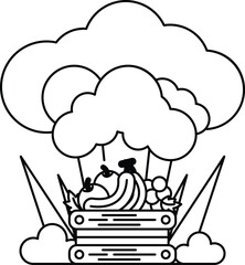 A black and white drawing of a cloud with a person and a bunch of fruits in it
