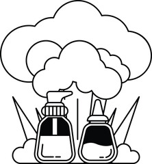 Two bottles of soap are shown in a field with a cloudy sky in the background