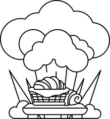 A white and black drawing of a cloud with a basket of food in it