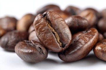 Obraz premium Freshly roasted coffee beans display a glossy, deep brown finish, inviting coffee lovers to savor their rich aroma and bold flavor. Perfect for brewing a warm cup of joy