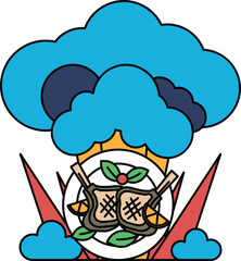 A plate of food with a chef hat on top of it