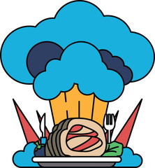 A chef is cooking food in a kitchen with a cloud of smoke