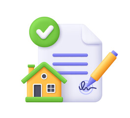 White document file with pen, signature, yellow house and green check mark. Business, real estate, approved contract and property purchase concept. 3d vector icon. Cartoon minimal style.
