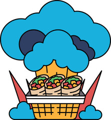 A basket of food is shown with a cloud in the background