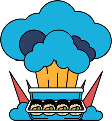 A black and white drawing of a cloud with a chef's hat on top of it