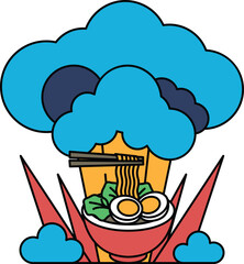 A drawing of a bowl of noodles with chopsticks in it