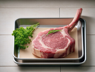 Raw tomahawk steak with marbling on tray, garnished with fresh parsley and rosemary, displayed on light tile background