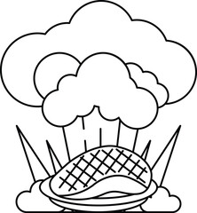 A black and white drawing of a cloud with a piece of meat on top of it
