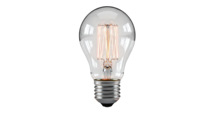 Classic clear glass led filament light bulb with a standard screw base, glowing warmly and isolated on a transparent background