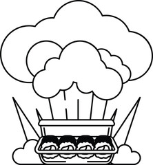 A black and white drawing of a cloud with a chef's hat on top of it
