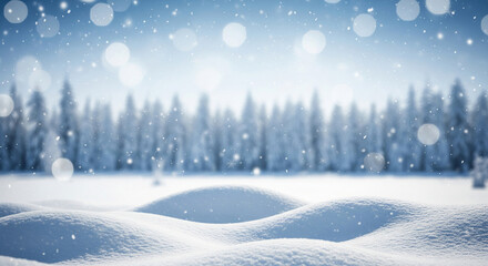 A winter landscape with detailed snow texture in the foreground and a blurred pine forest silhouette in the background. A dreamlike natural backdrop with a blue sky and bokeh effect.