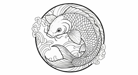 Detailed Koi Fish Illustration in Circular Frame.