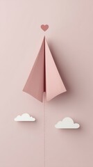 Paper Airplane with Love: A delicate pink paper airplane, symbolizing dreams and aspirations, gracefully ascends into the pastel sky, accompanied by a small heart.
