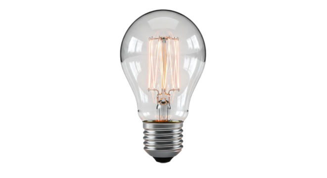 Classic clear glass led filament light bulb with a standard screw base, glowing warmly and isolated on a transparent background