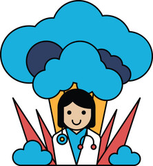 A woman is standing in a field of flowers and clouds