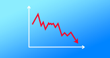 financial crisis on economic graph with red arrow on blue background. Financial fall on economy market
