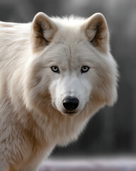 Obraz premium White snow wolf with piercing eyes stands in wild, thick fur and intense gaze create majestic and powerful presence