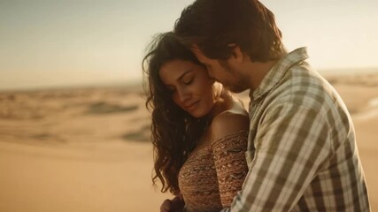 A couple embracing on a sandy beach at sunset, sharing an intimate moment.