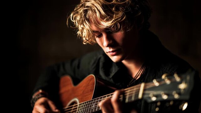 Musician performing on guitar in soft lighting, close-up shot highlighting hand movements and emotional expression.