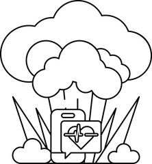 A white and black drawing of a cloud with a heart and a box with a heart on it