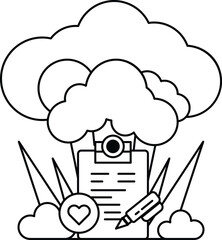 A white and black drawing of a cloud with a clipboard and a pen
