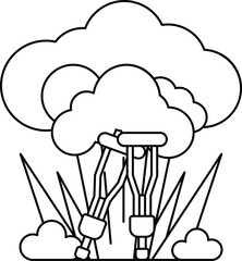 A black and white drawing of a tree with two crutches on it