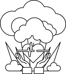 A black and white drawing of a heart surrounded by hands and a cloud